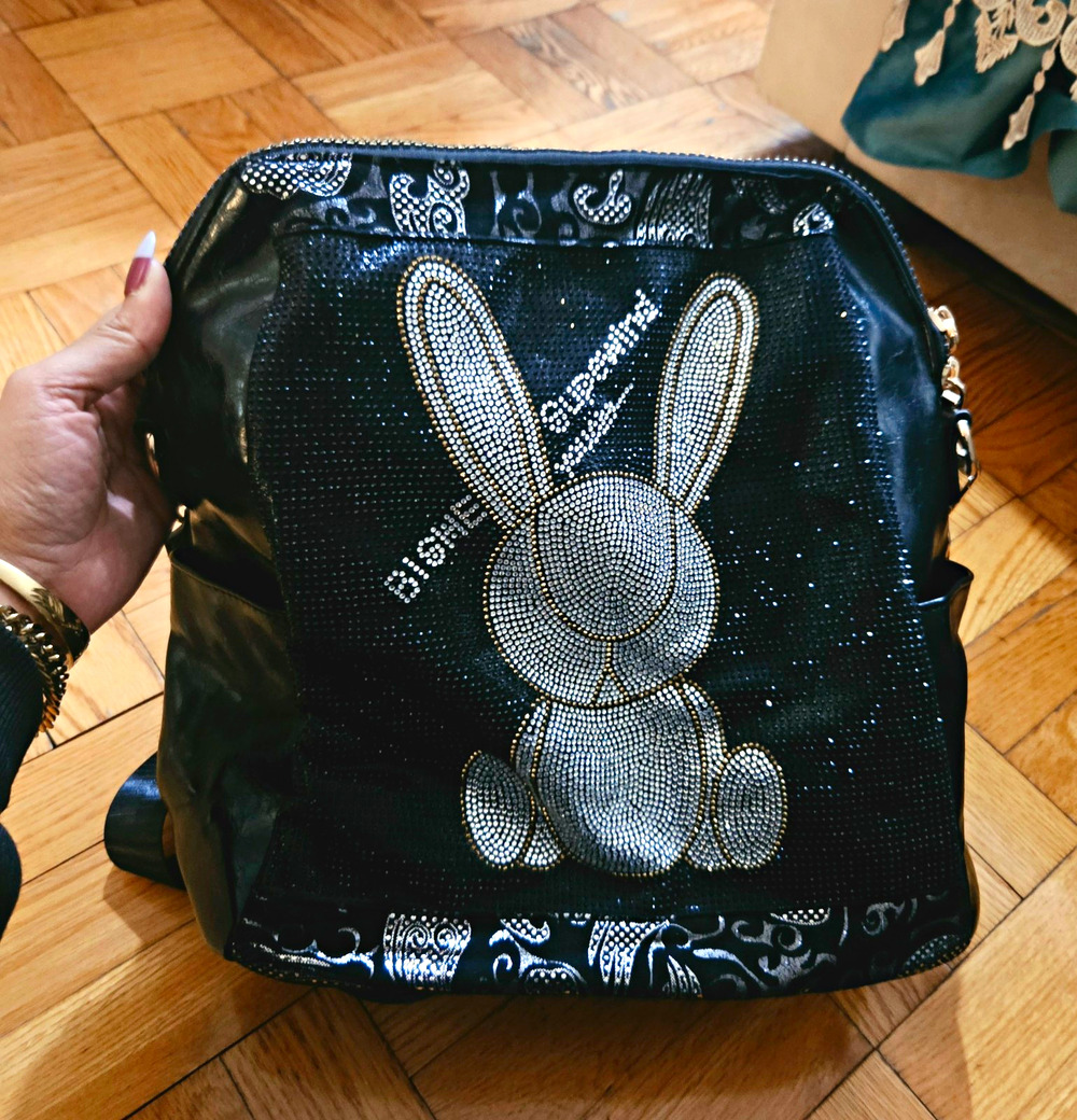 Womens Black Zip Backpack Rhinestone Bunny Bag Charm Adjustable Strap Top Handle